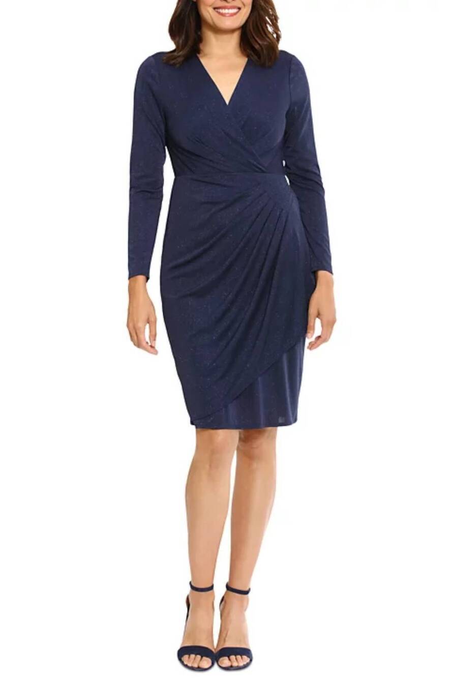 NEW LONDON STYLE shimmer pleated waist faux wrap dress in navy